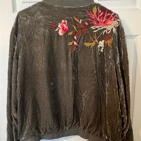 Johnny Was Olive Velvet Bomber Jacket with Floral Embroidery - Picture 4 of 5